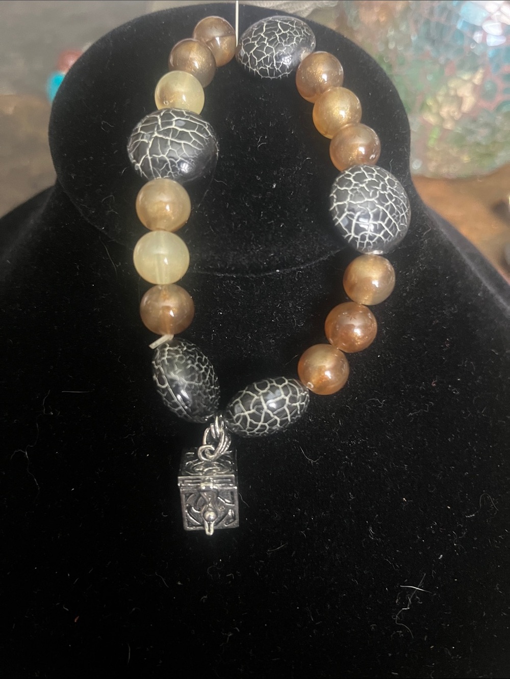 Black Crackle & Brown Beaded Stretch Bracelet with Silver Charm